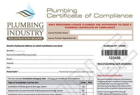 Plumbing Industry Registration Board Certificate of Compliance document