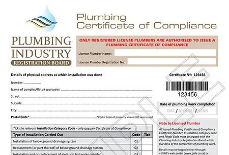 Plumbing Industry Registration Board Certificate of Compliance document