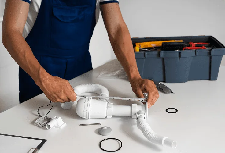 Vic's plumber measuring and repairing waste pipework on a bench